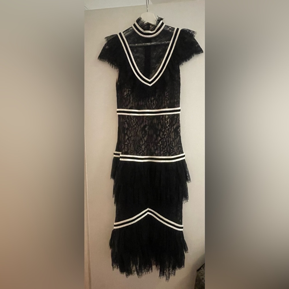 Black Tiered Ruffled Midi Dress with Mock Neck